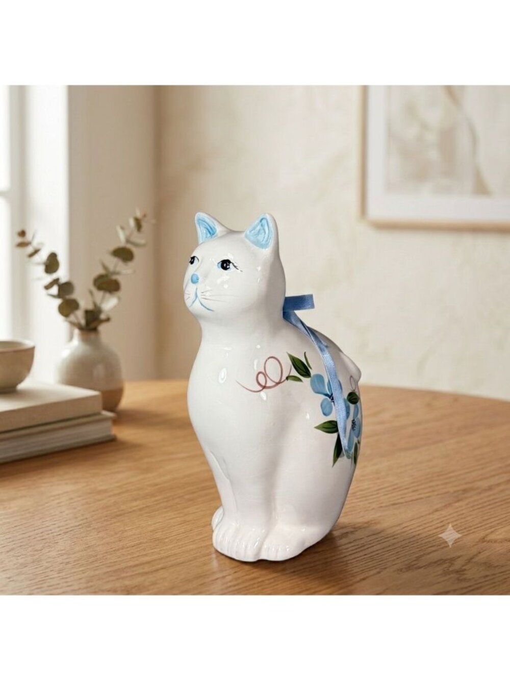 Vintage Ceramic Sitting Cat Figurine Blue Floral Ribbon Kitty Statue Artistic Gi
